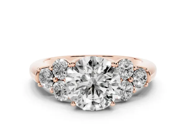 Round Cut Cut Diamond Cluster Ring with Round Accent Stones and Prong Setting on a Classic Band Rose gold