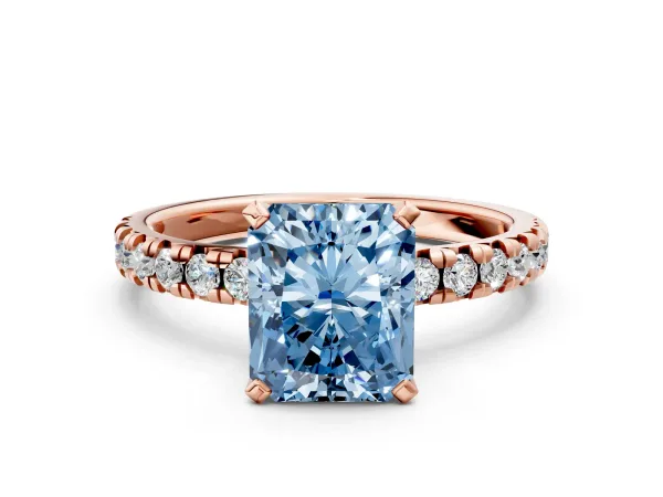 Fancy Blue Radiant Cut Diamond Solitaire Pavé Engagement Ring with Round Band and Prong Setting Rose gold