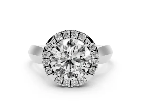 Round Cut Halo Round Brilliant Solitaire Ring with Tapered Band and Four-Prong Setting White gold