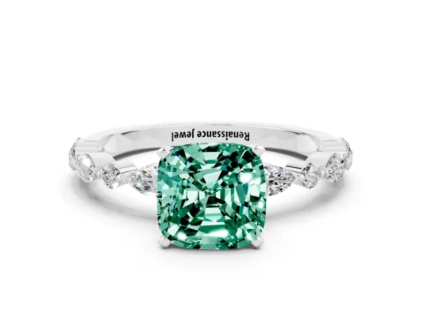 Cushion Cut Green Sapphire Ring with Marquise and Round Side Stones and Four-Prong Setting White gold