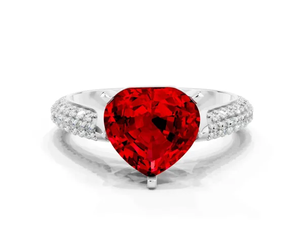 Heart Cut Ruby Solitaire Engagement Ring with Multi-Row Round Pavé Band and Prong Setting Platinum