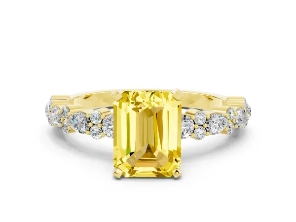 Emerald Cut Yellow Sapphire Side Stone Solitaire Ring with Round and Four-Prong Setting Yellow gold