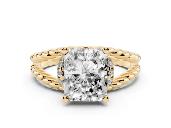 Radiant Cut Halo Twisted Band Four-Prong Ring Yellow gold