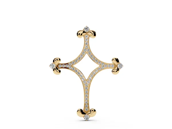 Pavé Diamond Cushion Cross Pendant with Fleur-de-Lis Prongs Yellow gold