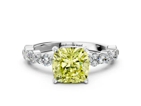 Fancy Yellow Cushion Cut Diamond Side Stone Solitaire Ring with Round and Four-Prong Setting White gold