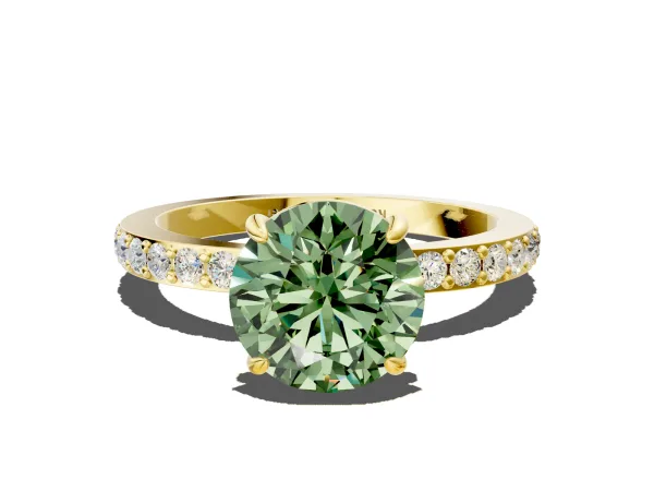 Fancy Green Round Cut Diamond Solitaire Engagement Ring with Pavé Band and Four-Prong Setting Yellow gold