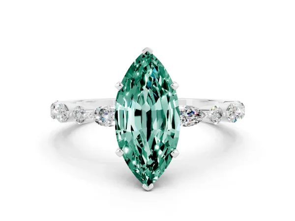 Marquise Cut Green Sapphire Ring with Marquise and Round Side Stones and Four-Prong Setting White gold