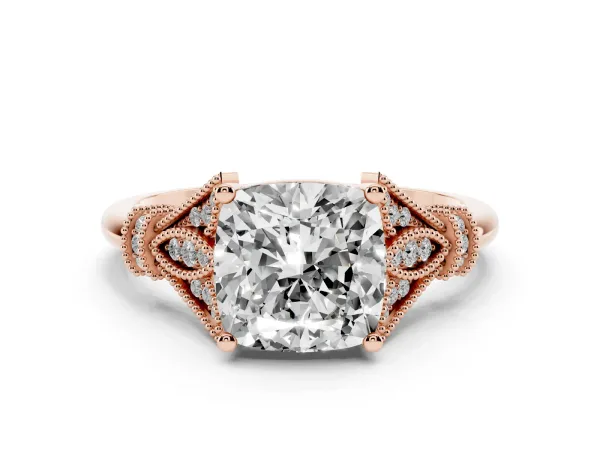 Cushion Cut Diamond Solitaire Ring with Floral Filigree and Pave Accents Rose gold