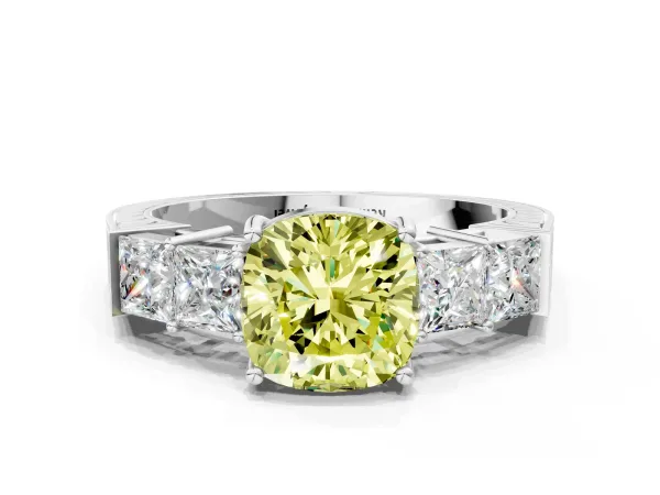 Fancy Yellow Cushion Cut Solitaire Princess Side Stone Engraved Band Prong Setting Ring Platinum