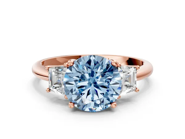 Fancy Blue Round Cut Diamond Three-Stone Ring with Trapezoid Side Stones and Prong Setting Rose gold