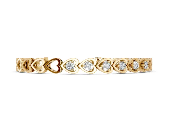 Heart Link Diamond Tennis Bracelet with Round Cut Stones and Bezel Setting Yellow gold