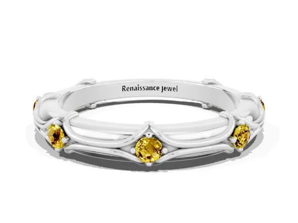 Round Yellow Sapphire Prong Set Milgrain Eternity Band Platinum