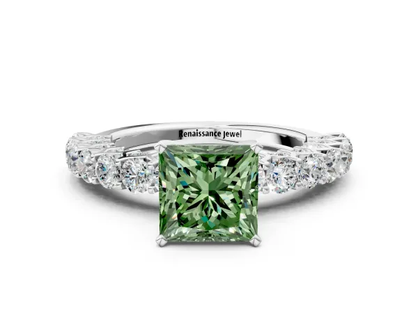 Fancy Green Princess Cut Diamond Solitaire Ring with Shared Prong Pavé Band and Four-Prong Setting Silver