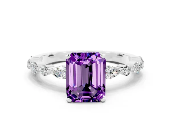 Emerald Cut Amethyst Ring with Marquise and Round Side Stones and Four-Prong Setting White gold