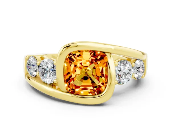 Bezel Set Cushion Cut Citrine Bypass Ring with Round Accents Yellow gold