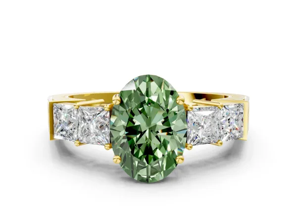 Fancy Green Oval Cut Solitaire Princess Side Stone Engraved Band Prong Setting Ring Yellow gold