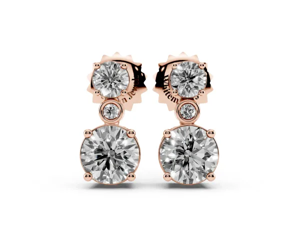 Round Diamond Two Stone Drop Earrings with Bezel Diamond Accent Rose gold