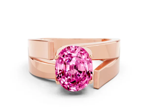 Modern Tension Set Oval Cut Pink Sapphire Solitaire Wide Band Ring Rose gold