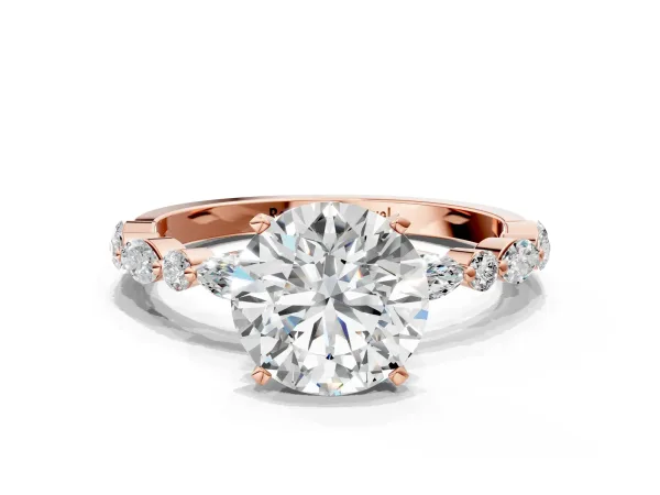 Round Cut Diamond Ring with Marquise and Round Moissanite Side Stones and Four-Prong Setting Rose gold