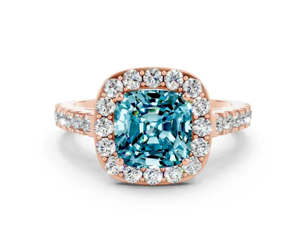 Cushion Cut Blue Topaz Halo Ring with Round Pavé Split Shank and Prong Setting Rose gold