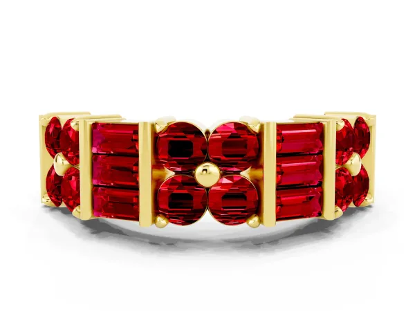 Channel Set Round and Baguette Ruby Anniversary Band with Prong Setting Yellow gold