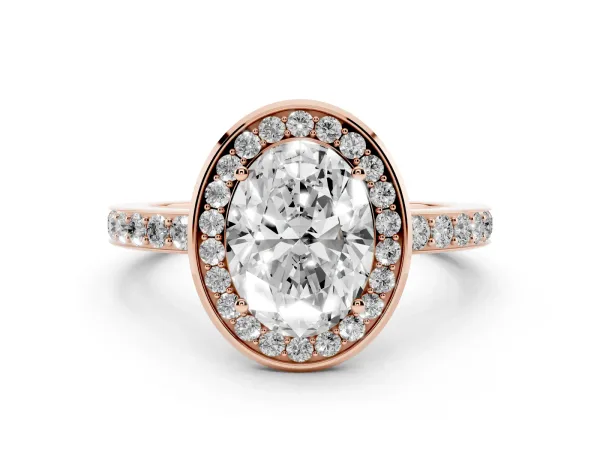 Oval Cut Diamond Halo Ring with Bezel Frame and Pavé Band Rose gold
