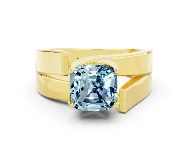 Modern Tension Set Cushion Cut Aquamarine Solitaire Wide Band Ring Yellow gold