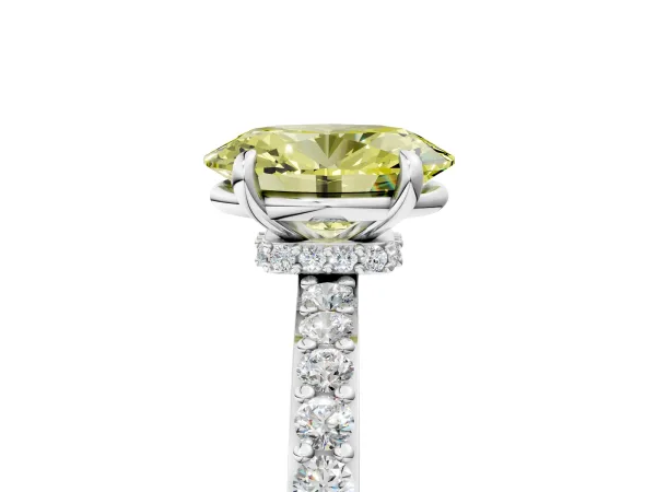 Fancy Yellow Oval Cut Diamond Solitaire Engagement Ring with Pavé Band and Four-Prong Setting Platinum