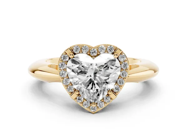 Heart Cut Cut Diamond Halo Engagement Ring with Split Shank and Four-Prong Setting Yellow gold