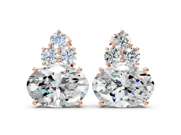 East-West Oval Diamond Cluster Stud Earrings with Round Diamond Accents Rose gold