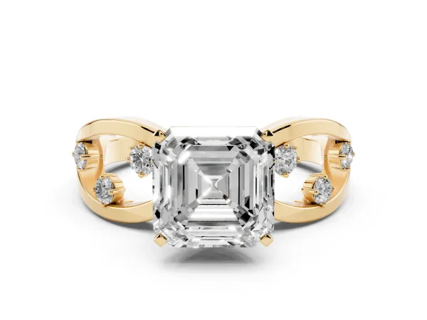 Asscher Cut Cut Solitaire Diamond with Side Stones on Criss-Cross Band and Four-Prong Setting Yellow gold