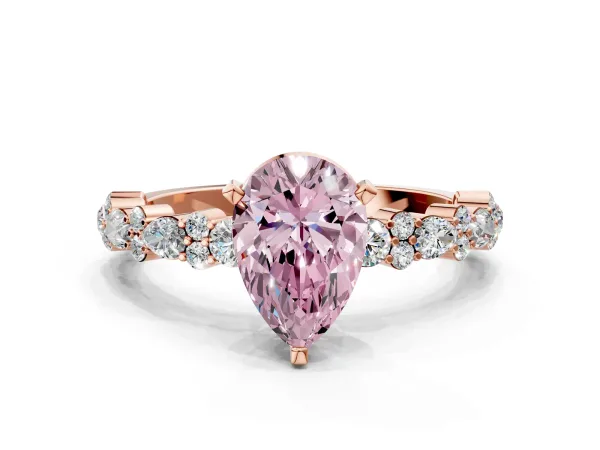 Fancy Pink Pear Cut Diamond Side Stone Solitaire Ring with Round and Four-Prong Setting Rose gold