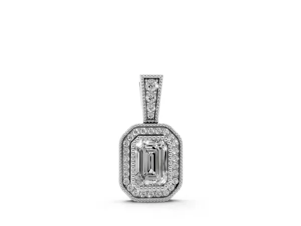 Emerald Cut Halo Diamond Pendant with Pavé Setting White gold
