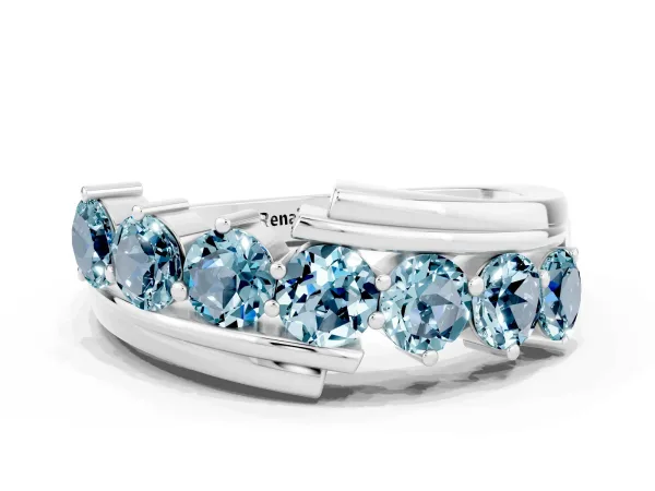 Round Aquamarine Wave Band with Channel and Shared Prong Setting Platinum