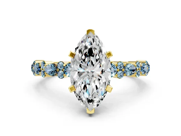Marquise Cut Diamond Side Stone Solitaire Ring with Round Aquamarine and Four-Prong Setting Yellow gold