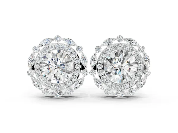 Round Diamond Double Halo Stud Earrings with Prong Setting Platinum