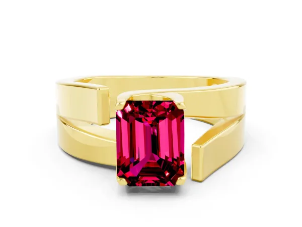 Modern Tension Set Emerald Cut Garnet Solitaire Wide Band Ring Yellow gold