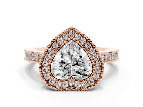Heart Cut Cut Halo Diamond Ring with Pavé Band and Milgrain Prong Setting Rose gold