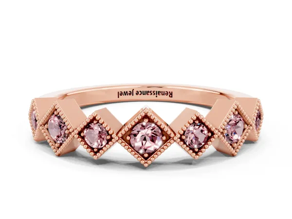 Milgrain Square Bezel Round Morganite Chevron Band Rose gold