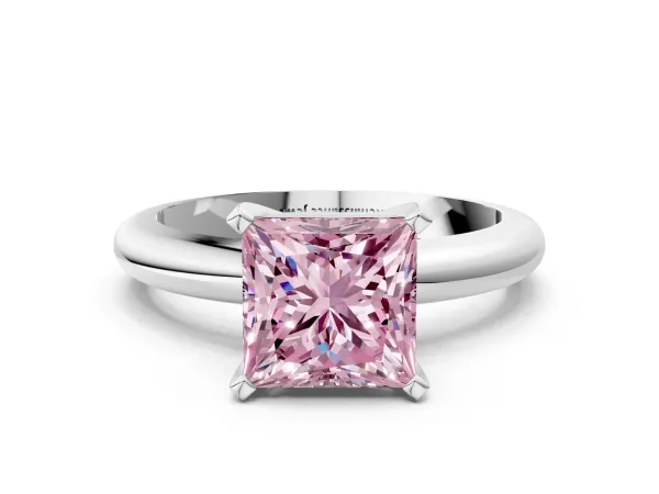 Fancy Pink Princess Cut Diamond Solitaire Engagement Ring with Round Band and Four-Prong Setting Silver
