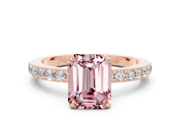 Emerald Cut Morganite Solitaire Engagement Ring with Pavé Band and Four-Prong Setting Rose gold