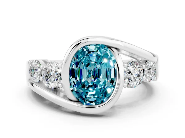 Bezel Set Oval Cut Blue Topaz Bypass Ring with Round Accents Platinum