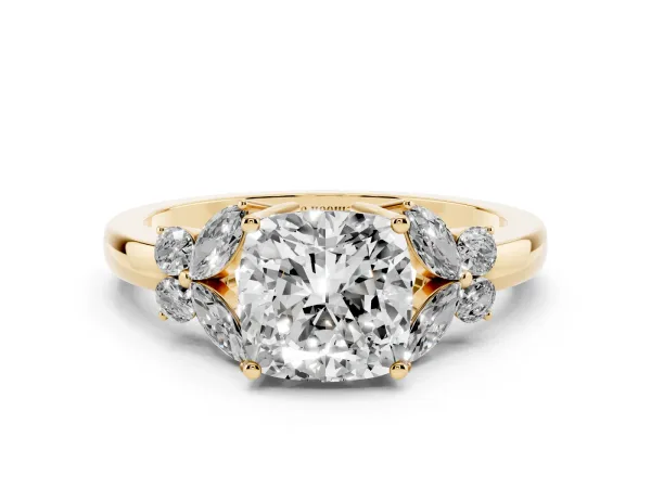 Cushion Cut Cut Solitaire Floral Diamond Ring with Four-Prong Setting Yellow gold