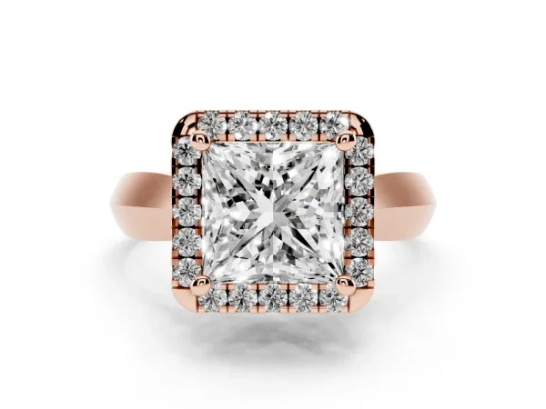 Princess Cut Cut Halo Solitaire Engagement Ring with Square Band and Four-Prong Setting Rose gold