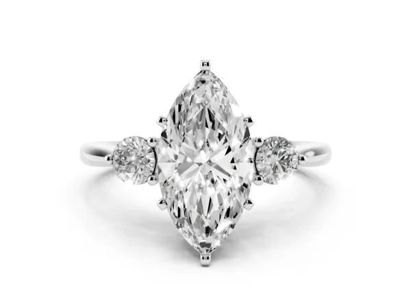 Three-Stone Marquise Cut Solitaire Ring with Tapered Band and Four-Prong Setting Platinum