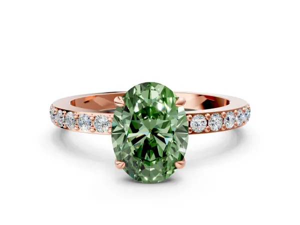 Fancy Green Oval Cut Diamond Solitaire Engagement Ring with Pavé Band and Four-Prong Setting Rose gold