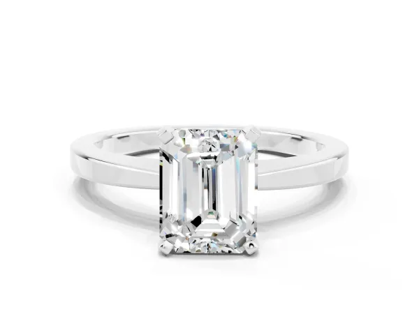 Emerald Cut Moissanite Solitaire Engagement Ring with Classic Band and Four-Prong Setting Silver