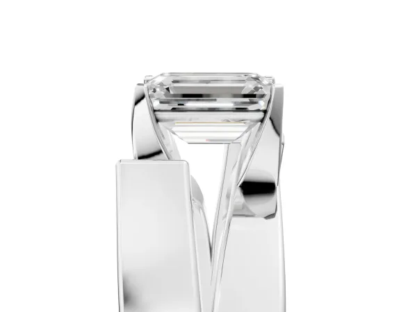 Modern Tension Set Emerald Cut Diamond Solitaire Wide Band Ring Silver