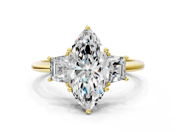 Marquise Cut Diamond Three-Stone Ring with Trapezoid Side Stones and Prong Setting Yellow gold