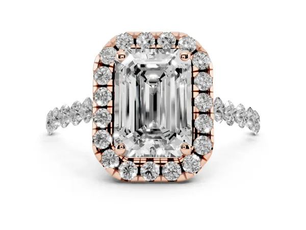 Emerald Cut Halo Pavé Diamond Engagement Ring with Four-Prong Setting Rose gold